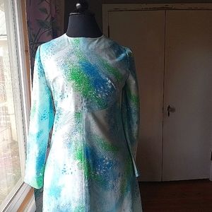 Vintage Handmade 1960s long sleeved ankle length polyester hippie dress